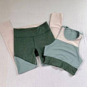 Outdoor Voices Green and White Leggings + Bra Set